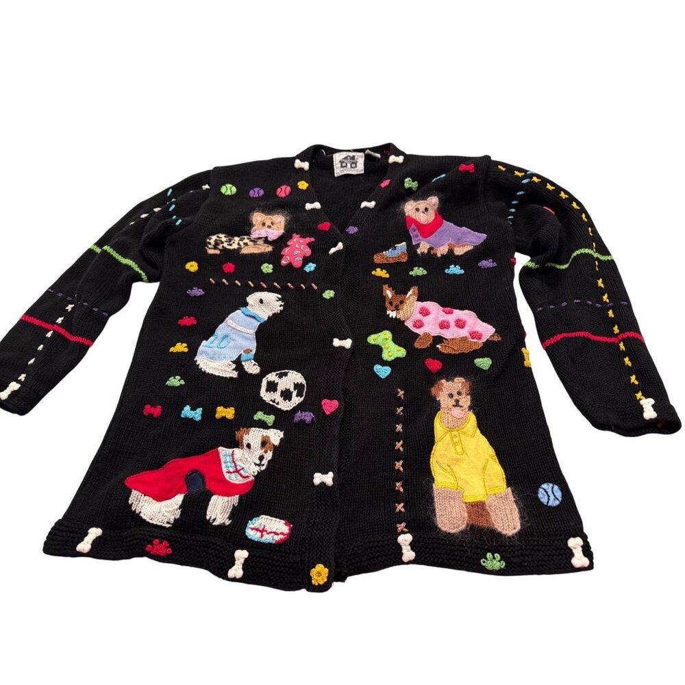 VTG Novelty Storybook Knits chunky Hand-knit puppy dog Sweater Cardigan M Read